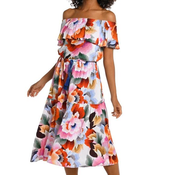 La Blanca Dresses & Skirts - La Blanca Floral Rhythm Off-The-Shoulder Tiered Cover Up Dress Sz M